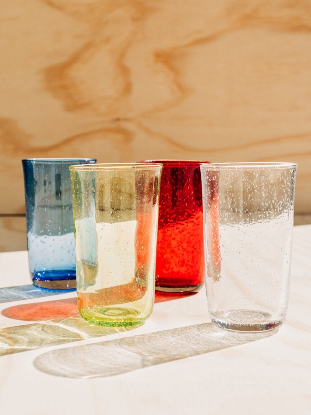 Set of 4 Hand Blown Handmade Bubble Drinking Glasses | Red, Blue, Yellow, White